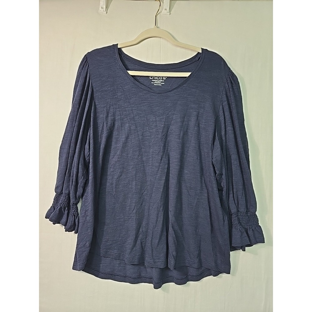 Chico's‎ Sz 3 (XL) Navy Scoop Neck Smocked Ruffle 3/4 Sleeve Cotton Modal Top